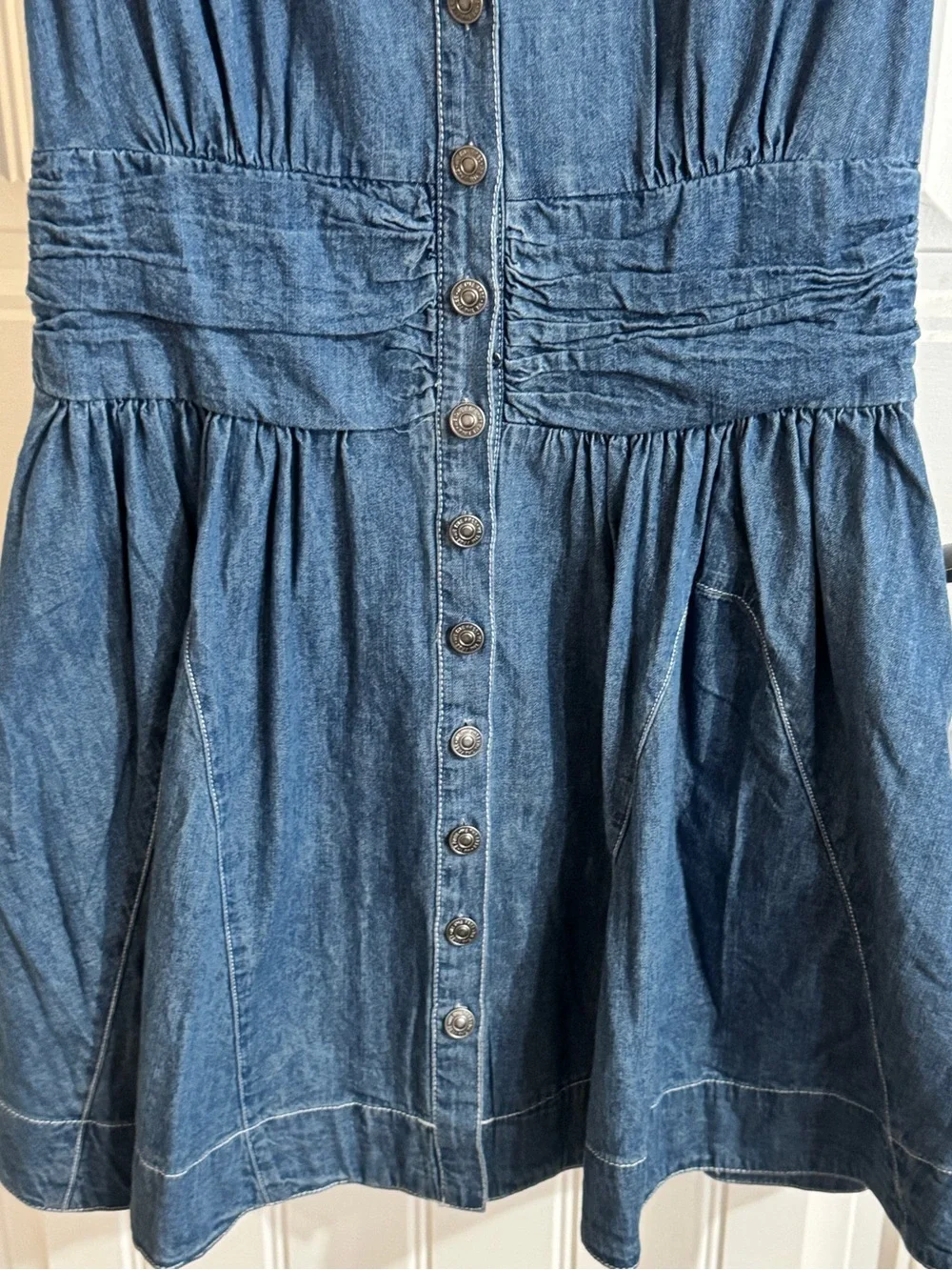 Free People Chester Denim Mini Dress Smocked Waist Small $128 - Picture 8 of 16